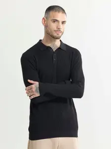 Snitch Black Self Design Polo Collar Slim Fit Cotton T-shirt