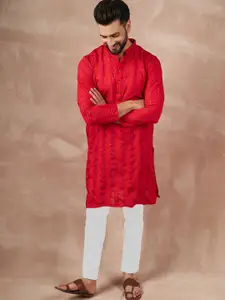 SWAGG INDIA Men Red Striped Sequinned Jacquard Kurta