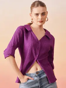 Marie Claire Cuban Collar Purple Opaque Casual Shirt