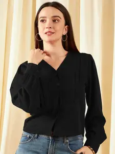Marie Claire Black Gathered or Pleated Detailed Cuffed Sleeves Shirt Style Top