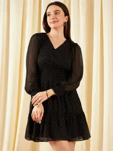 Marie Claire Black Polka Dot Print Puff Sleeve Chiffon A-Line Mini Dress