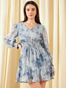 Marie Claire Blue Floral Print Puff Sleeve Georgette A-Line Mini Dress