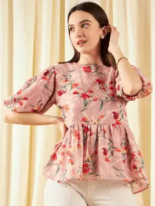 Marie Claire Pink and Green Floral Print Puff Sleeve Chiffon Peplum Top