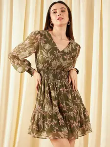 Marie Claire Olive Green Floral Print Puff Sleeve Chiffon A-Line Mini Dress