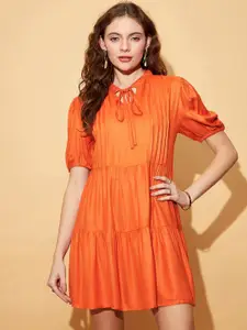 Marie Claire Orange Keyhole Neck Puff Sleeve Fit & Flare Mini Dress