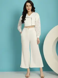 BLANC9 Lace Zip-Front Crop Top With Trousers Co-Ords