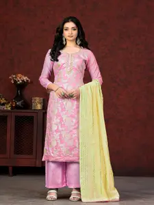 MANVAA Floral Woven Design Beads and Stones Unstitched Dress Material