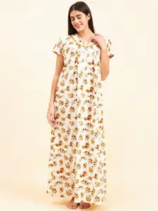 Sweet Dreams Off White & Orange Floral Printed Cotton Maxi Nightdress