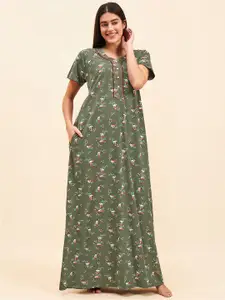 Sweet Dreams Green Floral Printed Cotton Maxi Nightdress
