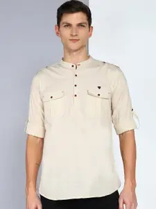 Kuons Avenue Linen Cotton Mandarin Collar Roll Up Sleeve Pathani Short Straight Kurta