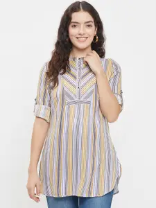 Ruhaans Multicoloured Striped Mandarin Collar Roll-Up Sleeves Top