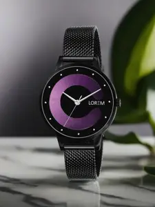 LOREM Women Purple Dial & Black Stainless Steel Bracelet Style Straps Analogue Watch LR356