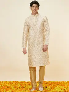 Manyavar Men Cream-Coloured Printed Regular Kurta with Pyjamas