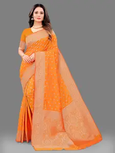 NIWAA Orange & Gold-Toned Paisley Zari Silk Blend Kanjeevaram Saree