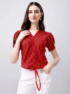 Kinjo Red Striped Puff Sleeve Cotton Top