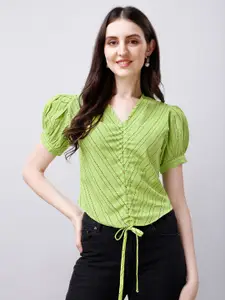 Kinjo Green Striped Puff Sleeve Cotton Top