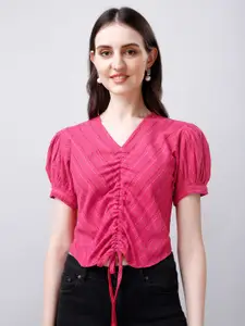 Kinjo Pink Striped Puff Sleeve Cotton Top