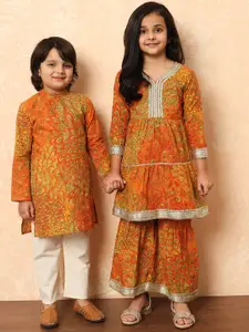 Readiprint Boys Floral Printed Mandarin Collar Pure Cotton Kurta With Pyjama