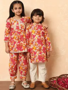 Readiprint Boys Floral Printed Mandarin Collar Pure Cotton Kurta With Pyjama