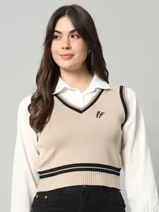 BROOWL Women Beige & White Woollen Sweater Vest