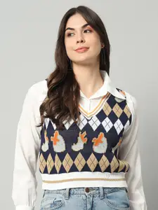 BROOWL Women Navy Blue & Multicoloured Printed Woollen Sweater Vest