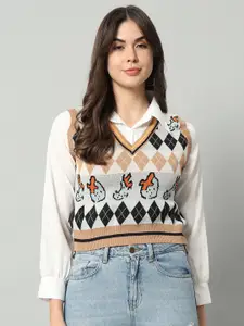 BROOWL Women Peach-Coloured & Multicoloured Printed Woollen Sweater Vest