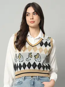 BROOWL Women Grey & Multicoloured Printed Woollen Sweater Vest