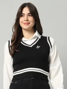 BROOWL Women Black & White Woollen Sweater Vest