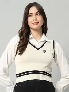 BROOWL Women Cream-Coloured & White Woollen Sweater Vest