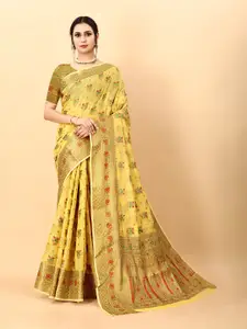 NIWAA Yellow & Gold-Toned Woven Design Zari Organza Banarasi Saree
