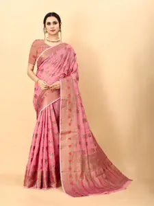 NIWAA Pink & Gold-Toned Woven Design Zari Organza Banarasi Saree