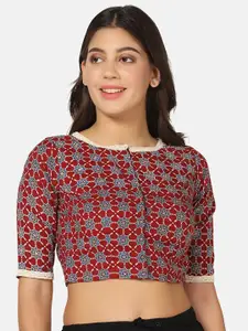 THE WEAVE TRAVELLER Floral Handblock Printed Cotton Saree Blouse