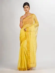 Angoshobha Yellow Woven Design Silk Cotton Handloom Jamdani Saree