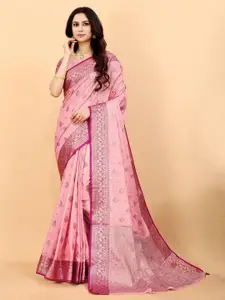 NIWAA Pink & Copper-Toned Floral Zari Silk Blend Kanjeevaram Saree