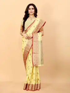 NIWAA Yellow & Copper-Toned Floral Zari Silk Blend Kanjeevaram Saree