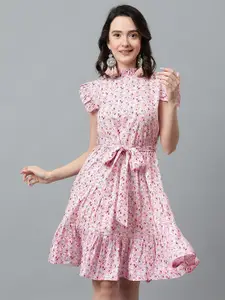 Kotty Pink & White Floral Printed High Neck Ruffled Fit & Flare Dress