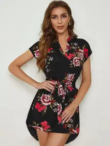 Kotty Black & Red Floral Printed Mandarin Collar Extended Sleeves A-Line Mini Dress