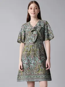 Kotty Blue & Green Ethnic Motifs Printed Tie-Up Neck Flared Sleeves A-Line Dress