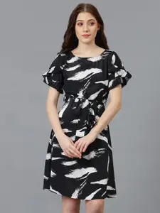 Kotty Black Abstract Printed Satin A-Line Dress