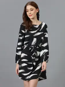 Kotty Black & White Abstract Printed Satin A-Line Dress