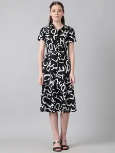 Kotty Black & White Typography Printed Shirt Style Midi Dress