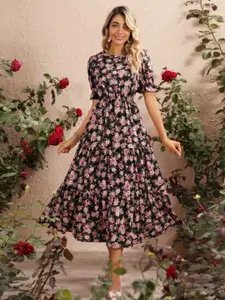Kotty Black & Pink Floral Printed Puffed Sleeves Tiered Fit & Flare Midi Dress