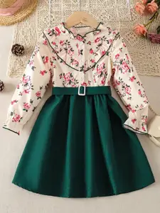 BAESD Girls Floral Printed Ruffled Satin Fit & Flare Dress With Belt