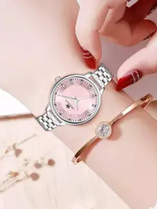 CRESTELLO Women Pink Dial & Silver Toned Stainless Steel Straps Analogue Watch CR-L138-PNK-CH
