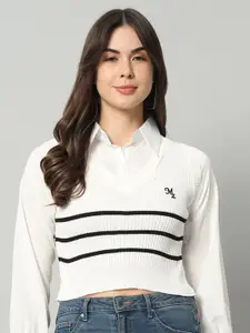 BROOWL Women White & White Striped Woollen Sweater Vest