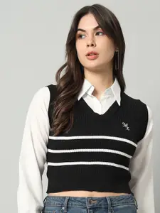 BROOWL Women Black & White Striped Woollen Sweater Vest