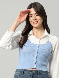 BROOWL Women Blue & White Woollen Sweater Vest