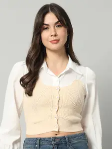 BROOWL Women Peach-Coloured & White Woollen Sweater Vest