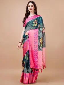 JUST FASHION Floral Printed Zari Silk Blend Muga Saree