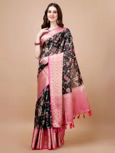 JUST FASHION Kalamkari Printed Zari Silk Blend Muga Saree